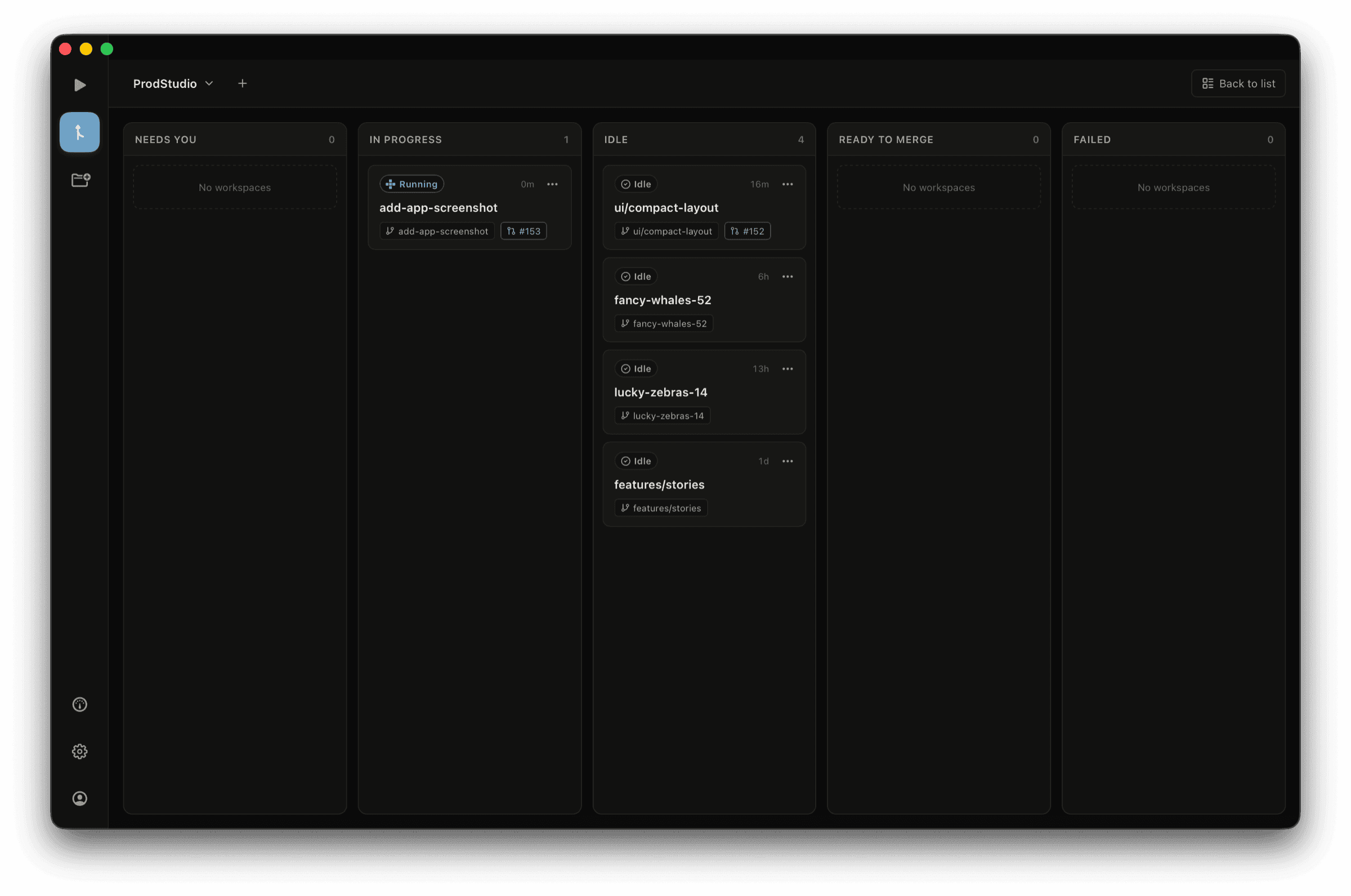 ProdStudio board view showing workspaces grouped by status across Needs you, In progress, Idle, Ready to merge, and Failed columns